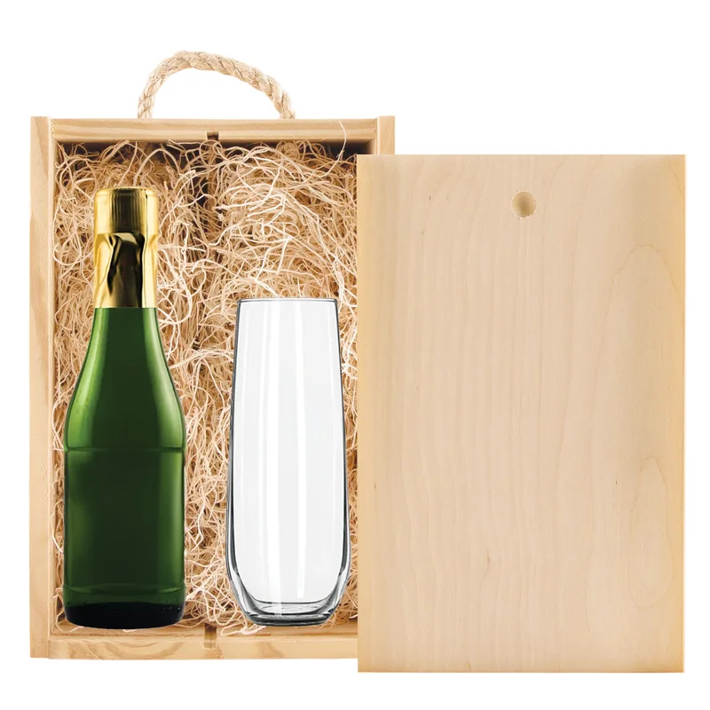 Laser-Engraved Double Half-Sized Wood Box w/Etched Mini Sparkling Wine + Flute view 2