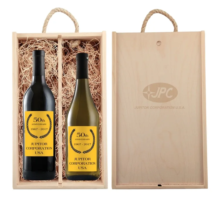 Rustic Laser-Engraved Wood Box w/Full-Color Custom Labeled Wines