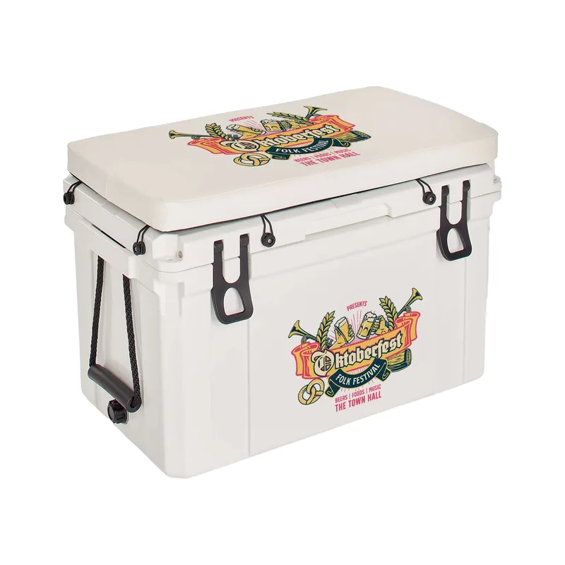 45L Bench Cooler, Front and Cushion Imprint view 2