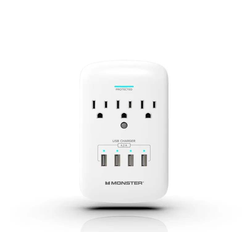Monster Wall Plug 3 Outlet 4 Usb Surge Protector - White