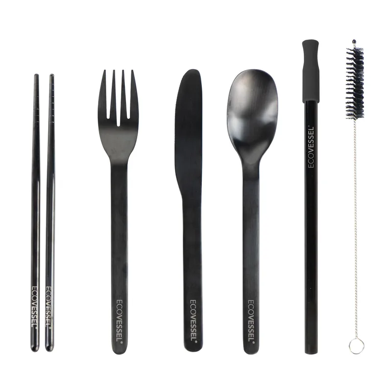 EcoVessel Wanderware 6-Piece Reusable Ss Utensil Set W/Travel Pouch - Black Stainless