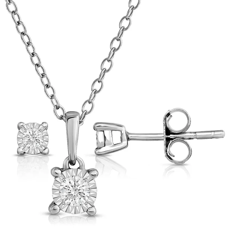 Jilco Inc Diamond Solitaire Earrings And Necklace Set - Sterling Silver