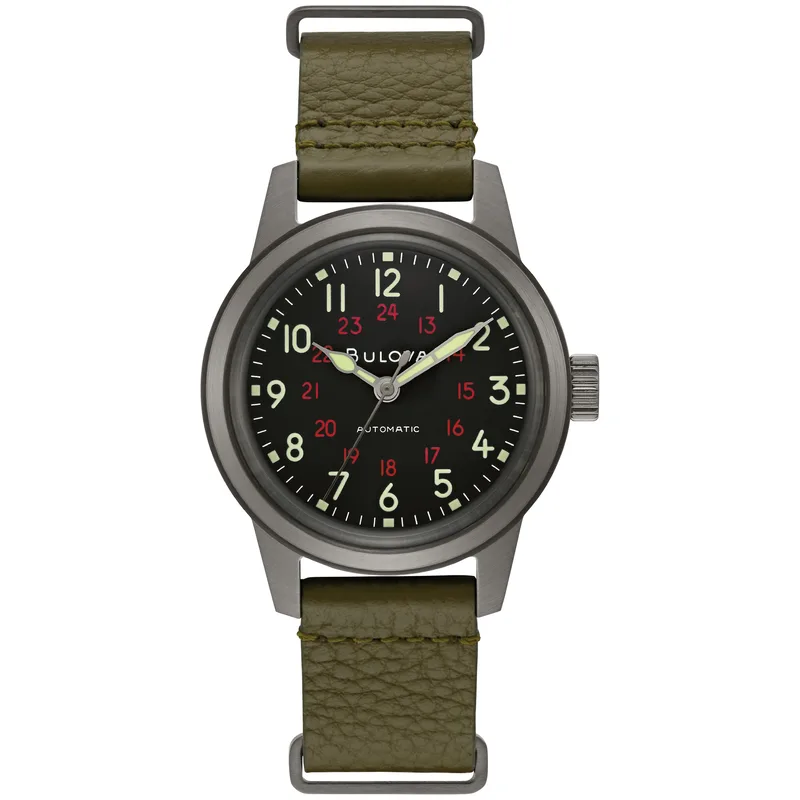 Bulova Watches Men's Military Hack Watch Green Leather Nato Strap