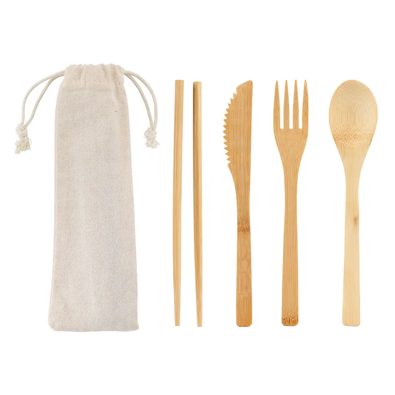 Bamboo Cutlery Set In Cotton Drawstring Pouch view 2