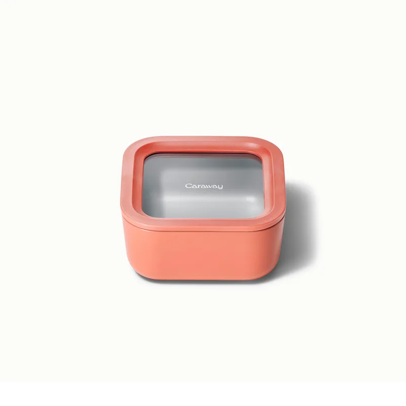 Caraway 4.4 Cup Glass Food Container Square Shape W/ Lid Perracotta