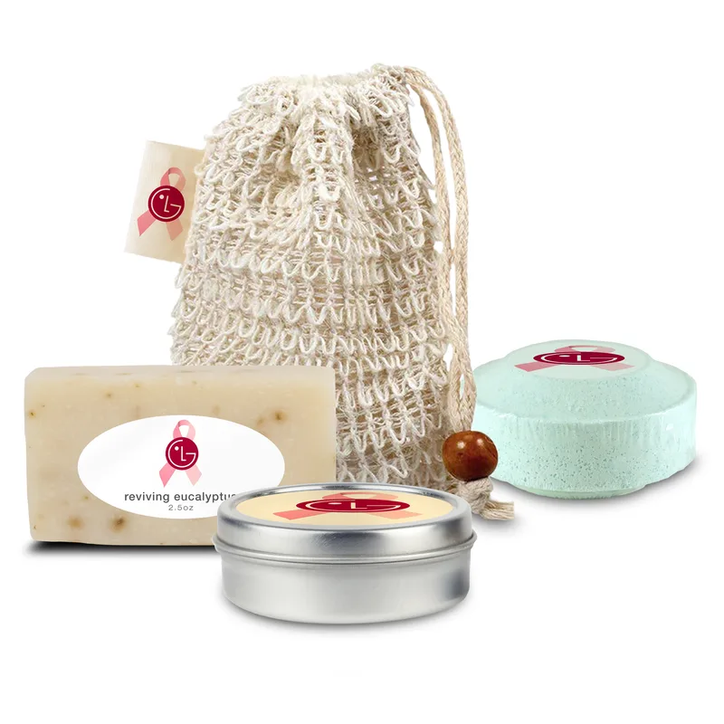 Loofah Bag Self Care Set with Mini Soap, Shower Steamer, and Candle, Sewn-in Tag