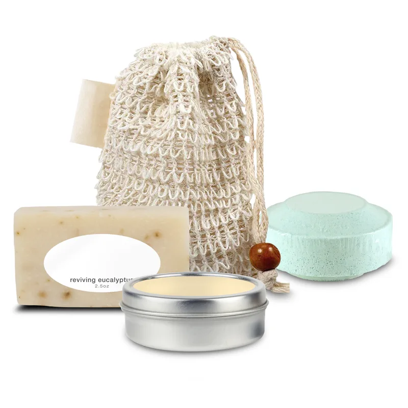 Loofah Bag Self Care Set with Mini Soap, Shower Steamer, and Candle, Sewn-in Tag view 2