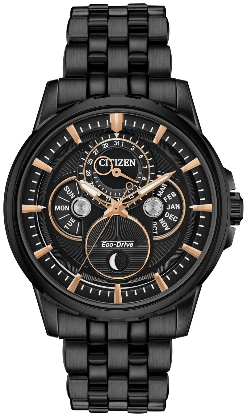 Citizen Watch Men's Calendrier Moonphase Eco-Drive Watch, Black Bracelet w/Black Dial