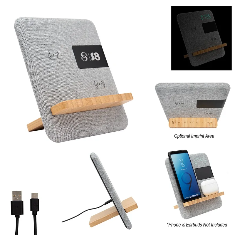Fabric & Bamboo Wireless Charger With Clock view 2