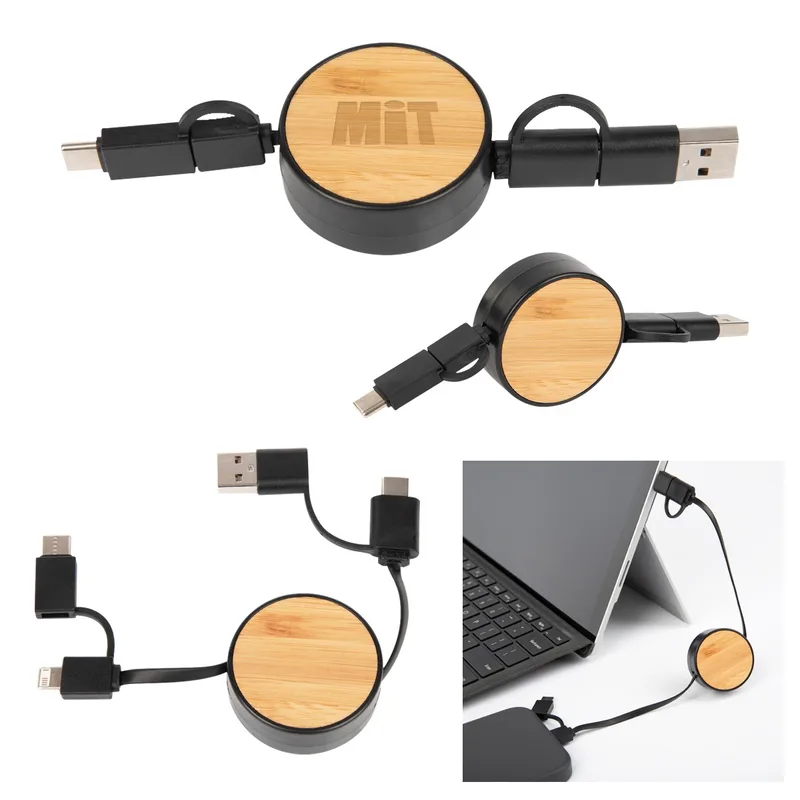 Bamboo Retractable 3-in-1 Charging Cable view 2