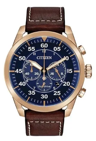 Citizen® Men's Eco-Drive® Rose Gold-Tone Watch w/Brown Leather Strap
