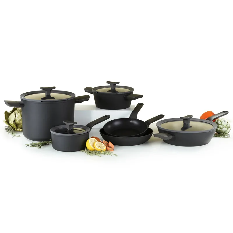 BergHoff Leo 10Pc Ceramic Ns Cookware Set, Dark Grey
