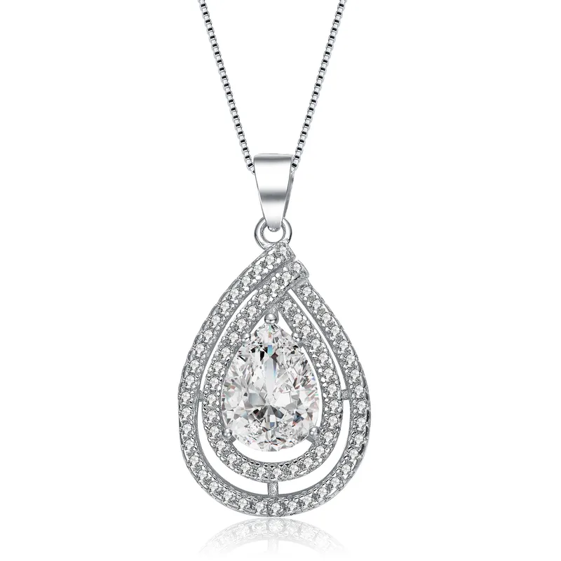 GENEVIVE Cz Rhodium Plated Pear Shape Pendant Size 16