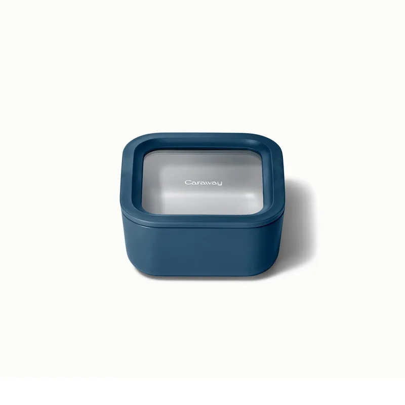 Caraway 4.4 Cup Glass Food Container Square Shape W/ Lid Navy