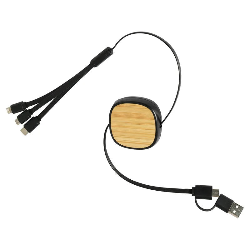 Bamboo Retractable 3-in-1 Charging Cable with Dual Inputs view 2