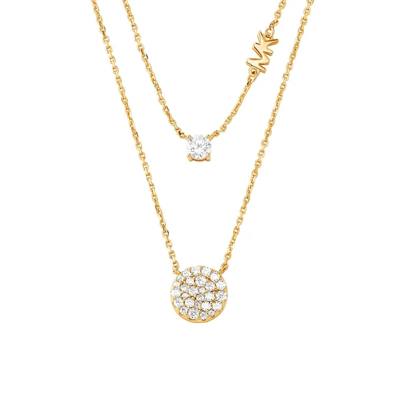 Michael Kors Precious Metal Sterling Silver Pave Disc Layer Necklace 14K Gold Plated